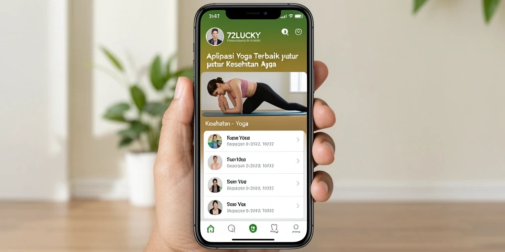 Antarmuka aplikasi 72LUCKY menampilkan sesi yoga yang menarik dan terstruktur.