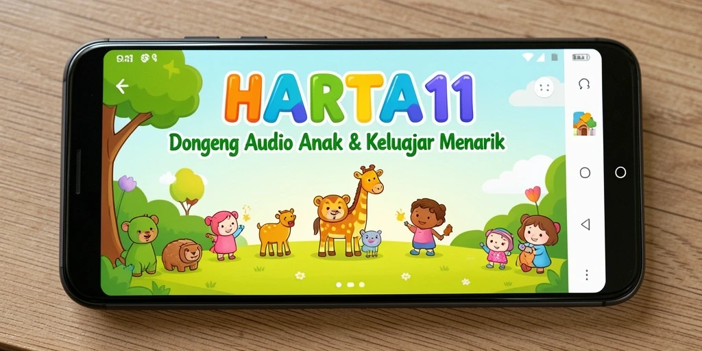 Antarmuka HARTA11 yang ramah anak dengan berbagai pilihan dongeng audio.