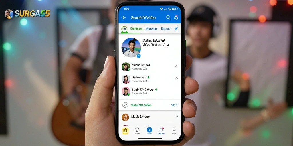 Tampilan utama aplikasi SURGA55 yang menunjukkan berbagai pilihan video untuk status.