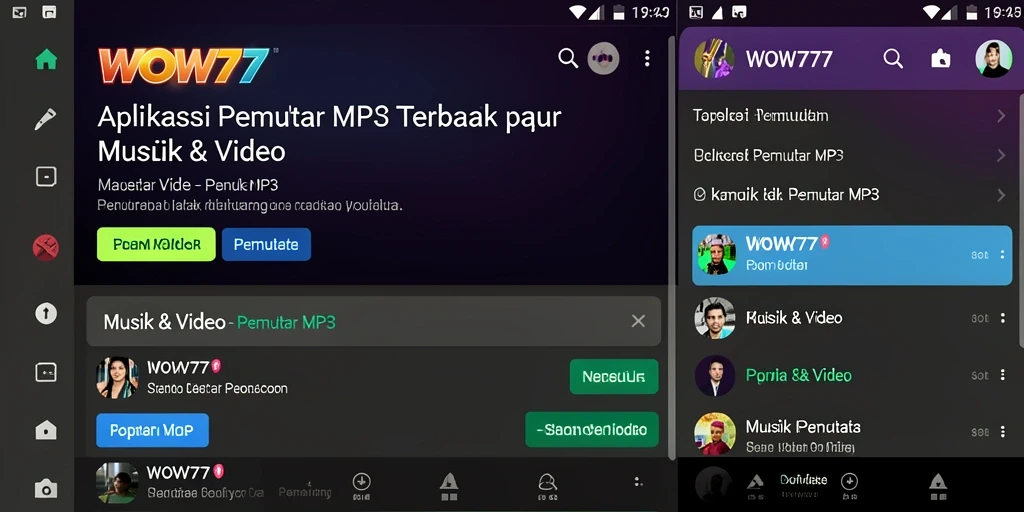 Antarmuka aplikasi Pemutar MP3 WOW77 yang modern dan fungsional.